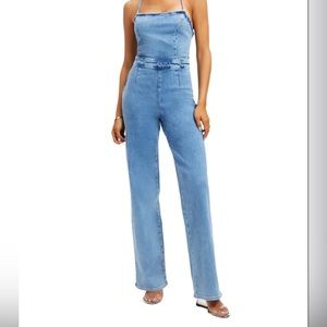 NWT GOOD AMERICAN OPEN BCK DENIM JUMPSUIT SZ 1/SM INSEAM 32”